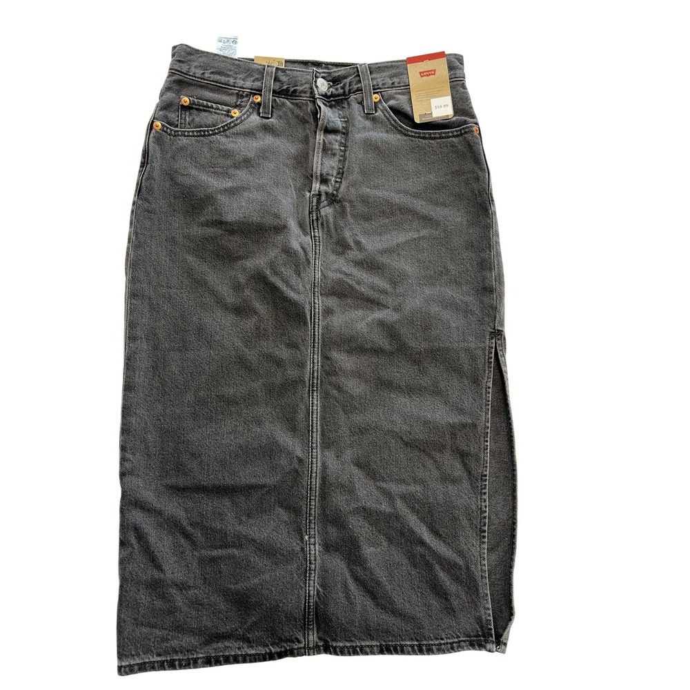 Levis Jean Denim Skirt Womens 27 Black Midi High Waist Tencel Lyocell 5 Pocket